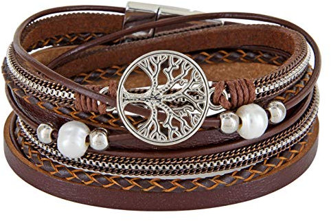 StarAppeal Wickelarmband mit Perlen, Ketten, Flechtelement und Lebensbaum Anhänger, Magnetverschluss Silber, Damen Armband (Braun)