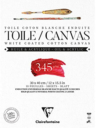 Clairefontaine 975223C - Un bloc encollé de 10 toiles prêtes à peindre 30x40 cm 345g, Blanc Fleur de Lys