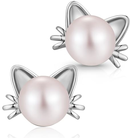 Ohrstecker Silber 925 Katzen Hasen Ohrringe mit süßwasserperlen für Damen | 8mm Weiß Perlen Schmuck Geschenke für Tierfreunde