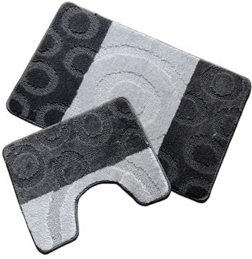 oKu-Tex Design Badematte Antirutsch Set 2 Teilig, rutschfest & waschbar, Badvorleger 50 x 80 cm für das Badezimmer, WC Vorleger mit Ausschnitt 40 x 50 cm, Anthrazit, Grau, Kreise, Ringe, gestreift