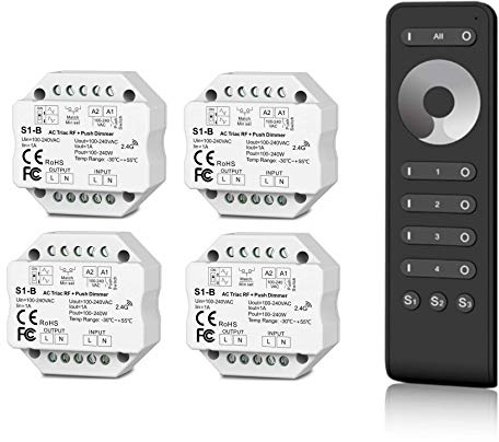 Universal Funk-Dimmer + Wifi 230V Set mit Gruppenfernbedienung, Steuerung von LED, Halogen, Glühbirnen - elektronischer Dimmer kompatibel mit Tastschalter (4x Dimmer, Unterputz-Dimmer)