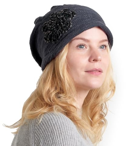 Bonnet Tombant pour Dames avec Décoration Fleur, Béret Watch Tricoté 100% Coton, Chapeau Femme Chic Élégant en Style Basque, Tous Saison Casquette Slouchy Tombant Chapeau Fleuri Gris