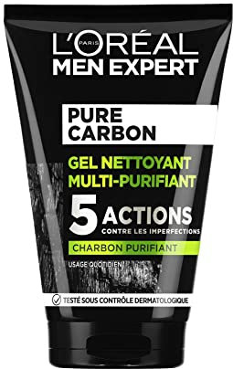 L'Oréal Men Expert - Gel Nettoyant Multi-Purifiant Visage Homme - Anti-Impuretés & Imperfections - Usage Quotidien - Enrichi en Charbon - Peaux Grasses - Pur Charbon - 100 ml