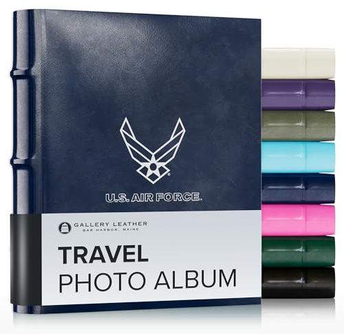 Gallery Leather Small Travel Photo Album 4x6 Pictures with Slip-In Pockets – Holds up to 50 Photos, Bonded Leather, Made in USA, Acadia Navy - Air Force - 6.5 x 5.5