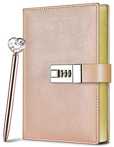 Asten Lock Diary for Woman, Leather Locking Journal with Pen,Gold Gilded Edges Writing Notebook Combination Locked Journal Planner Agenda Personal Diary(Champagne,19.5 x 13.3 cm)