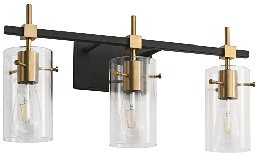 SOLFART Vintage Vanity Lights Bathroom Light Fixture Over Mirror for Bath Glass Shade Light Black and Brass Modern Style 3 Lights