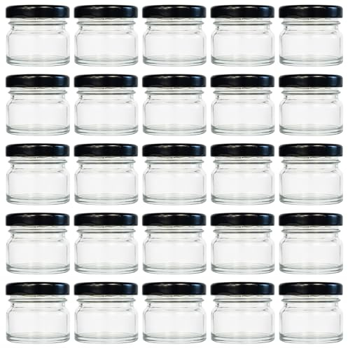 Vitrea 25x Mini Marmeladengläser 30 ml - mit Deckel Schwarz TO 43 - kleine Einmachgläser zum befüllen mit Schraubdeckel - Schraubgläser - leere Marmeladen Gläser - 25 Stück
