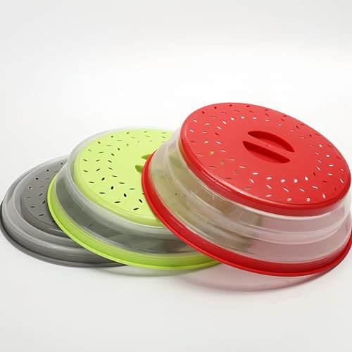 Pack of 3, Collapsible Microwave Food Cover BPA Free TPR, 10.5inch, Round with Grip Handle （Red+Grey+Random Color)