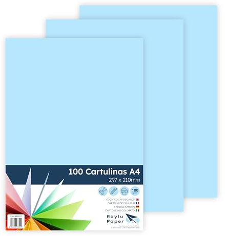 RAYLU PAPER Färgade papper A4, 100 st. färgade ark, 180 g/m², 210 x 297 mm, färgat papper för kontor och hantverk (himmelsblå)