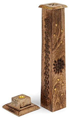 NKlaus Räucherstäbchenhalter Räucherturm, Mango-Holz, 30x5cm, 1 Stück | Braun; Sonnenmotiv; für Räucherstäbchen