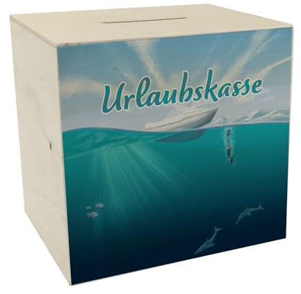 Spardose aus Holz im Taucher-Design mit Boot und Text - Urlaubskasse Geschenk für Urlauber die gerne mit einem Boot auf das Meer hinaus Fahren um dort nach Fischen oder Riffen zu