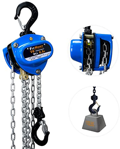 FITHOIST Palan à chaîne - Capacité de 500 kg - Mini palan à chaîne manuel avec 2 crochets robustes - Hauteur de levage de 3 m - Pour garage, entrepôt, machines automobiles