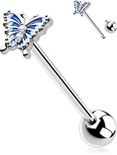 OUFER 14G Zungenpiercing Chirurgenstahl Einzeln Blauer Schmetterling Tongue Bar Kugel 16mm 1.6mm Internally-Threaded Innengewinde Barbell Piercings Schmuck