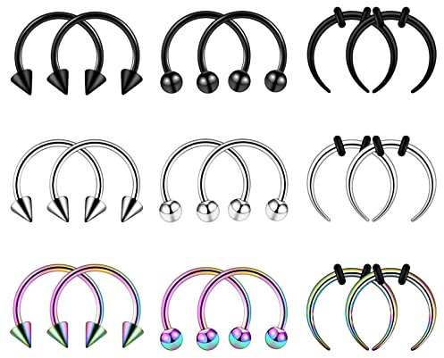 Longbeauty 18 Pcs 14G Hufeisen Nasenringe Kit Edelstahl Pinchers Septum Hoops Tapered Büffel Piercingringe Ohrringe mit O-Ringen Körper Schmuck für Damen Herren, 10mm Innendurchmesser
