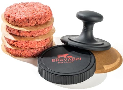 BRAVADIN Silicone Non-Stick Hamburger Press Patty Maker 1/3 lb with 100 Papers for 4.5-6 Patties with Ring Mold- Dishwasher Safe Burger Smash Press for Griddle-Burger Shaper Form Tool