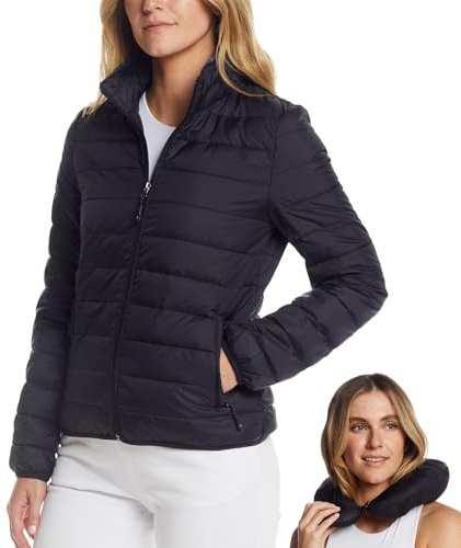 Weatherproof Women's Packable Puffer Jacket with Travel Neck Pillow - Lightweight, Warm, Water-Resistant Down Jacket (Large) Black | Quilted, Packable Travel Jacket with Long Zipper