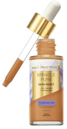 Max Factor Miracle Pure 2in1 Skin Reset Serum Foundation, 80-85, Medium, formula vegan, uniforma l’incarnato, copertura media, finish matte satinato, Formula con Niacinamide e Bisabololo, 30 ml