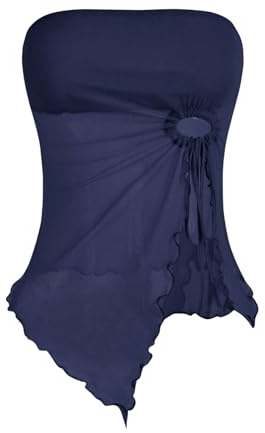 GORGLITTER Crop Top Damen Y2k Tube Trägerlos Sommer Top Mesh Oberteil Schulterfrei Sommertop Mit Schlitz Urlaub Outfit Dunkelblau S