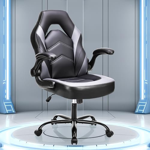 Sweetcrispy Gaming Stuhl,Leder Ergonomischer Bürostuhl,Gamer PC Stühle mit Armlehne,90-120° Einstellbar Gaming Chair,Drehbar Schreibtischstuhl Computerstuhl,Schwarz Grau