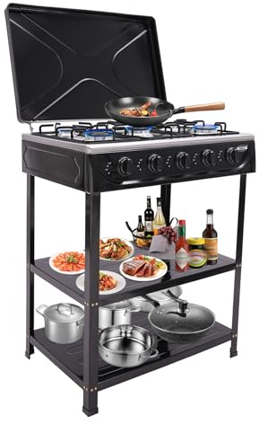 KiwiHood Tragbarer Gasherd 5-Flammen-Erdgasherd Outdoor-Campingherd Garten-BBQ-Grillherd mit winddichter Abdeckung und Standfuß für Wohnmobil, Wohnung, Kochen im Freien (schwarz)