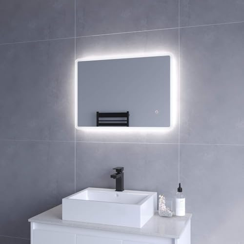 SANYROI Miroir de Salle de Bain avec Éclairage 70x50 cm, Interrupteur Tactile, Dimmable, Fonction Mémoire, IP44, LED Miroir Mural, Couleur-Blanc Froid 6400K, Installation Horizontale/Verticale
