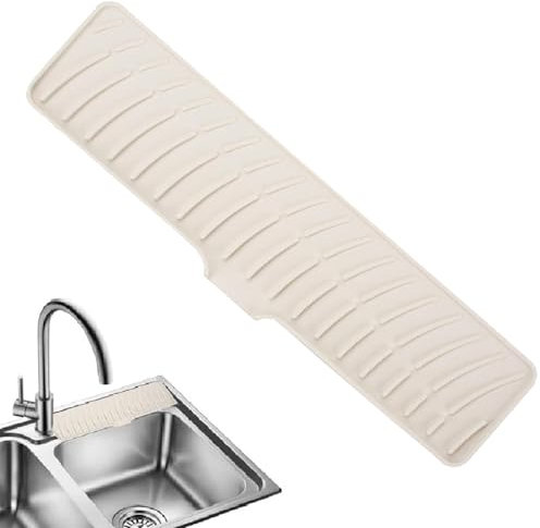 Faucet Guard & Draining Mat, Silicone Kitchen Sink Splash Guard, Tap Guard and Draining Mat Around Tap, Tidy Splash Faucet Mat Handle Drip Catcher Tray for Kitchen Sink Countertop (Beige)