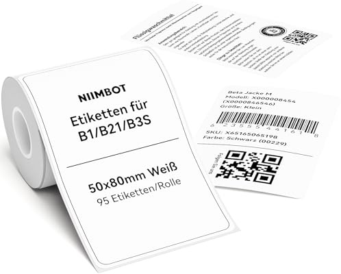 NIIMBOT Etiketten für B1 B21 B3S Etikettendrucker, 50 x 80mm 95 Etiketten/Rolle, 1 Rolle Selbstklebender Etikettenband Thermo-Etikettenband für Supermärkte, Einzelhandel, Büro, Weiß