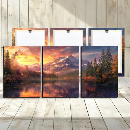 Mountain Lake Canvas Wall Art - 3 Panels White Snowy Mountains Landscape, Green Forests Sunrise Scenery Picture for Living Room Decorative Woodern Framed Print , Bathroom Wall Decor 12x16inch 3PCS