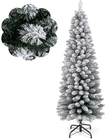 COSTWAY Künstlicher Weihnachtsbaum mit Schnee, 150 cm Bleistift Tannenbaum mit 328 Zweigspitzen & klappbarem Metallständer, schlanker Christbaum, Kunstbaum Weihnachten für Zuhause, Büro