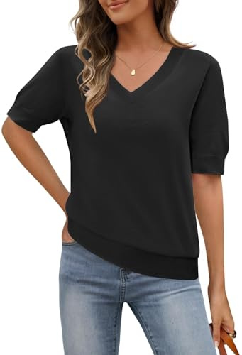 MEROKEETY Women's Short Sleeve Sweater Summer Business Casual Tops V Neck Lightweight Knit Work Shirts, Black, Large