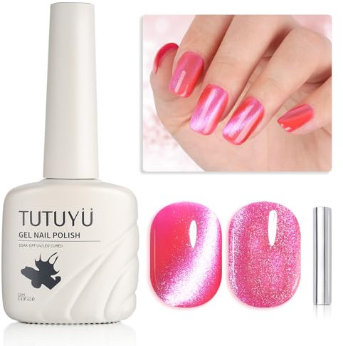 TUTUYU Neon Pink Cat Eye Gel Nail Polish - Holographic Hot Pink Gel Polish Perfect for DIY at Home & Gift for Nail Art Lovers!