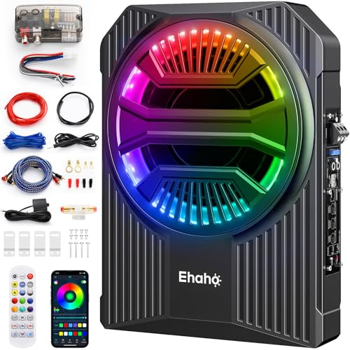 Ehaho 10 1600W Slim Under Seat Car Subwoofer with Amp, Class D MOSFET Amp & RGB Light, APP/Remote Control, Music Sync Bass & Rainbow Chasing Effects, Independent Low-Pass Filter/Gain/Bass Boost