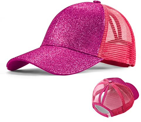 Tunejoy Berretto da Baseball per Ragazze Cappello da Baseball con Coda di Cavallo Glitter Estivi Cappello da Sole per Sport Vacanza Spiaggia All'aperto Rosa Rossa