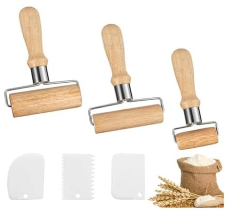 MQODLFP 3 PCS Wooden Rolling Pin Rolling Pin with Plastic Dough Scrapers Wood Color & White Wood+Plastic Suitable for Rolling Dough By Hand,Pizza,Desserts