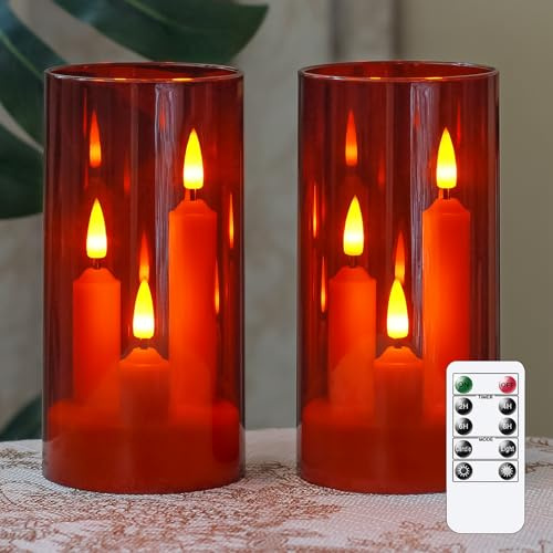 Zevanor 3 en 1 Velas a punta sin llama con Mando a distancia de 10 teclas y Temporizador Operadas por batería Paquete de 2 Velas LED de acrílico 7,5 cm x 15 cm Rojo Columna Luz cálida parpadeante