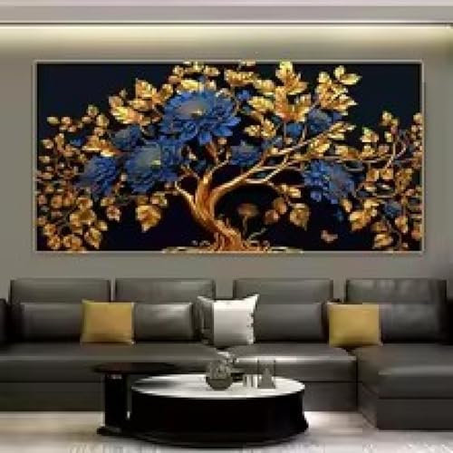 DHHXY Goldblauer Geldbaum Gerahmte Wandkunst Bilder Leinwand, & Blume, Leinwand-Kunstposter, Wohnzimmer, dekoratives Gemälde, Wald, Leinwanddruck, 30 x 60 cm, Rahmen