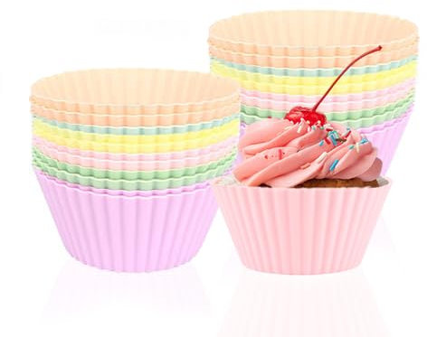 Muffinform Silikon, 24 Stück Muffinformen, Cupcake-Formen, Wiederverwendbare Backförmchen aus Silikon für Kuchen,Eincreme und Pudding 6.5 x 3.1 x4.3 cm (Makkaronfarbe)