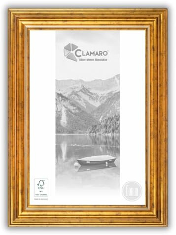 CLAMARO 'GENUA' Bilderrahmen Antik 13x18 Massivholz | Gold | 76 mm breite Shabby Chic Vintage Barock Leiste | Holzrahmen inkl. Acrylglas, Rückwand, Metall Aufhänger