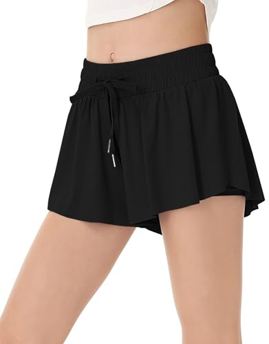 Girls Butterfly Shorts Flowy Dance Athletic 2 in 1 Cheer Skorts Flutter Skirt Running Preppy Clothes Kids, 5, 9-12 Years Black