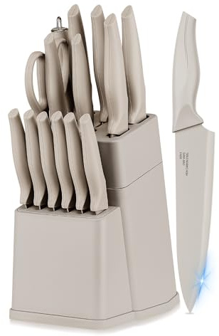 Joyfair Messerblock mit Messer, 15-teiliges Hochwertig Carbon Edelstahl Messerset mit Wetzstahl, Scharf Messer Set mit Kochmesser, Brotmesser, Schere, Küchenmesser für Hacken, Schneiden, Khaki