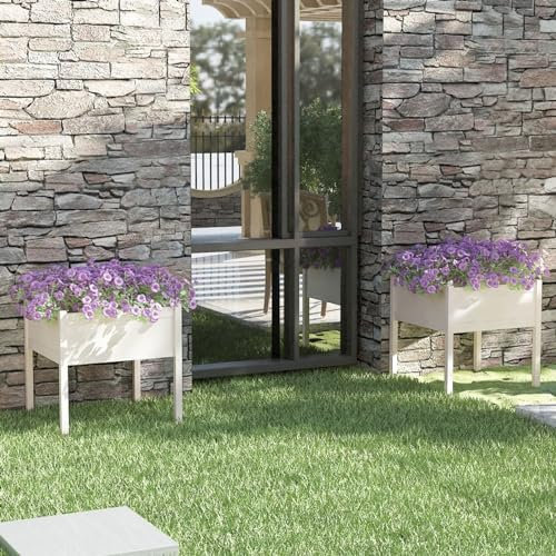 Gecheer Hochbeet Pflanzkasten Pflanzbeet Gemüsebeet Blumenbeet Blumenkasten Frühbeet Gartenbeet Blumenkübel Pflanzkübel 2 STK. Weiß 70x70x70 cm Massivholz Kiefer