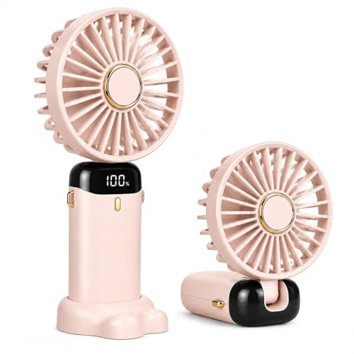 Portable Handheld USB Mini Fan with Digital Display, 5 Speeds, Silent Operation, 18650 Dual-Core 5000mAh Rechargeable Lithium Battery, LED Pocket Desk Fan for Home, Office, Travel, Outdoor. (Pink)