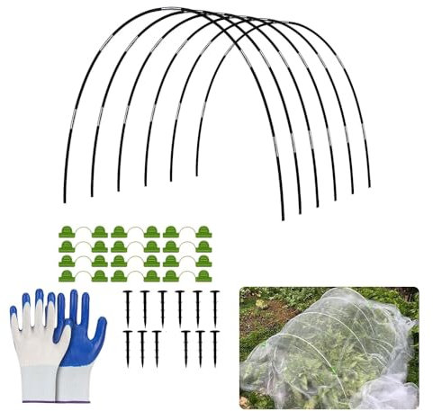 JACKANNA Barras de fibra de vidrio y túnel para plantas, arcos para jardín, túnel de láminas para bancal, red para pájaros, bancal elevado, juego de arcos y accesorios de invernadero (juego de 18