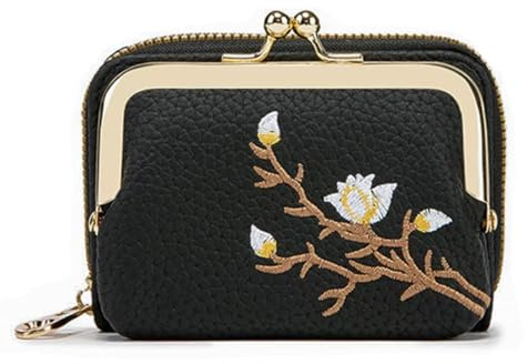 Linpr Porte Cartes de Crédit Femme en Cuir avec Fermoir Clic Clac, Noir | Pochette à Monnaie avec Plusieurs Fentes Carte, Petit Vintage Porte Monnaie avec Fermeture Éclair, Portefeuille Zéro
