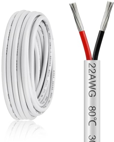 22AWG 2 Core Electrical Cable 10m, 0.3mm² Flexible Stranded Tinned Copper Twin Wire for 12V 24V LED Strip Lighting, Automotive and DIY Projects, White