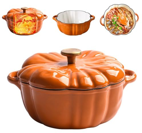 Pumpkin Dutch Oven Pot with Lid, Enameled Cast Iron Pumpkin Dutch Ovens, Heavy Duty Large Crock Pots Cookware, Suitable For Various Stoves, Halloween and Thanksgiving Decor Gift (1.5L)