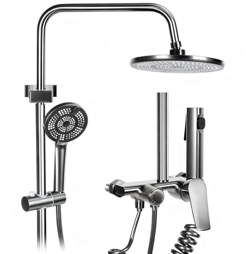 Sistema doccia a pioggia, set completo con ripiano, sistema doccia con rubinetto, 3 tipi di getto, soffione a pioggia quadrato, doccetta manuale, facile da installare (nero)