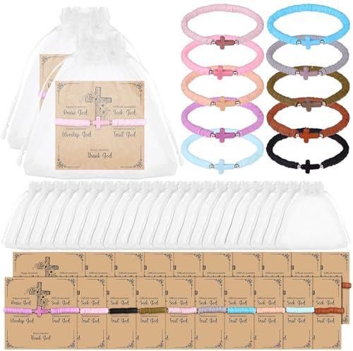 20 Sets Christian Gifts for Women Wen Cross Bracelets Bulk Jesus Friendship Bracelets Inspirational Cards Elastic Polymer Clay Beaded Christian Religious Wristbands for Sunday Graduation Gifts