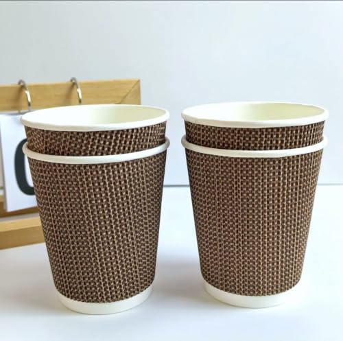 100 x 10oz Disposable Ripple Kraft Coffee Cups – Triple Wall Insulated Paper Cups Brown Takeaway Cups for Hot Drinks, Tea, Coffee, Cappuccino – Heat Resistant Leak Proof 300ml Cups
