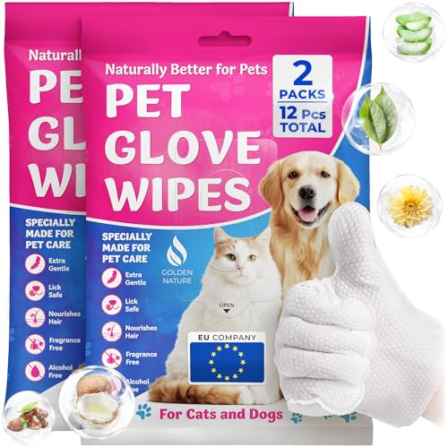 Golden Nature - Lingettes pour Animaux Chiens + Chats - 12 Pièces - Gants-Lingettes sans Eau pour Laver, Baigner, Toilettage - Nettoie Pattes, Visage, Corps - Jetables, Sûres en Cas de Léchage